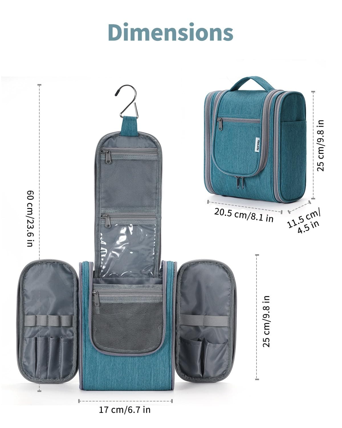Narwey Neceser Mujer Bolsa de Aseo Colgante, Organizador de Maquillaje Neceser Viaje para Hombre y Mujer Accesorios de Viaje (Verde Azulado(Pequeño)) — view 6