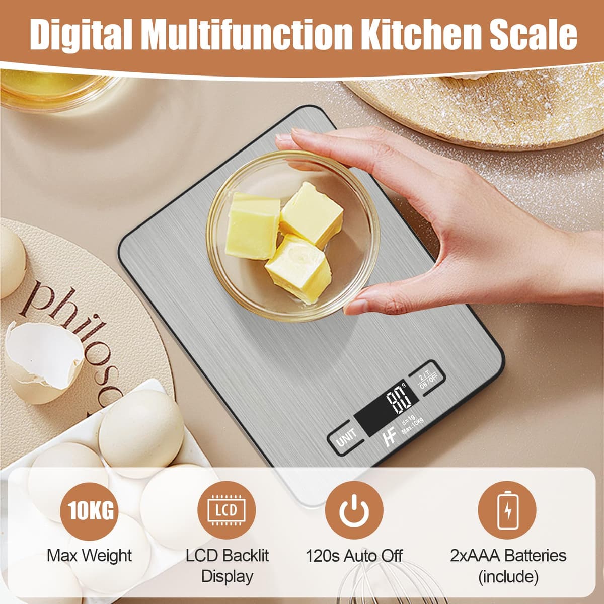 HomeFashion Large 23x17cm 10kg 1g Digital Kitchen Scales Food Scale Stainless Steel Surface With Backlit LCD Display Multifunction for Home Office Use — view 3