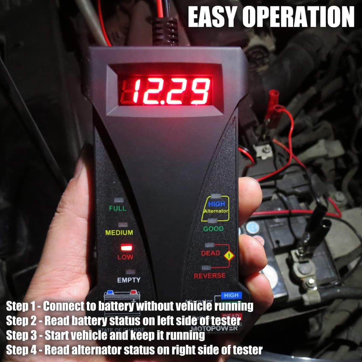 MOTOPOWER 12V Digital Battery Tester Voltmeter and Alternator Charging System Analyzer with LCD Display and LED Indication, Black Rubber Paint — view 4