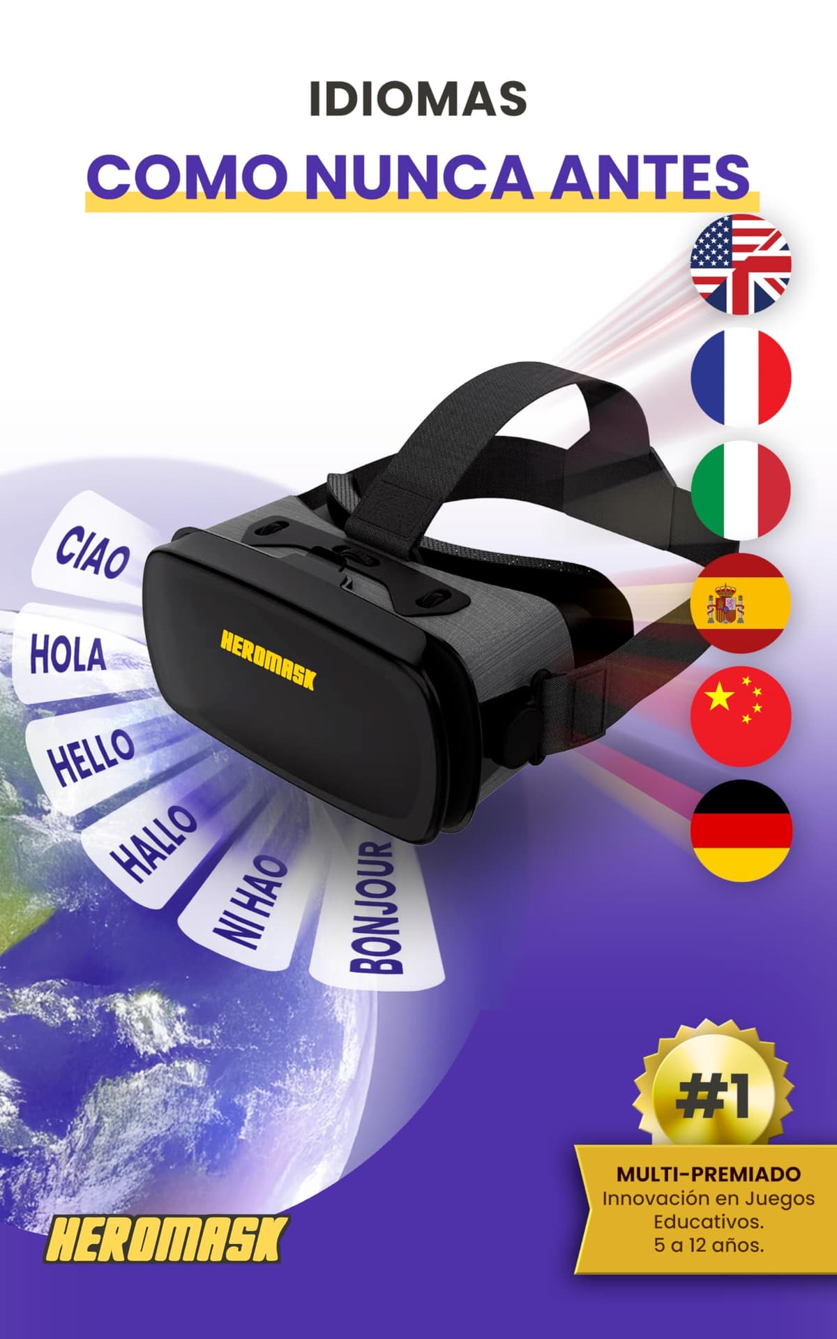 Heromask Languages: Virtual Glasses + Games (5-12 years) ― Gift that motivates you to learn English, Chinese and other languages while playing VR video games — view 4
