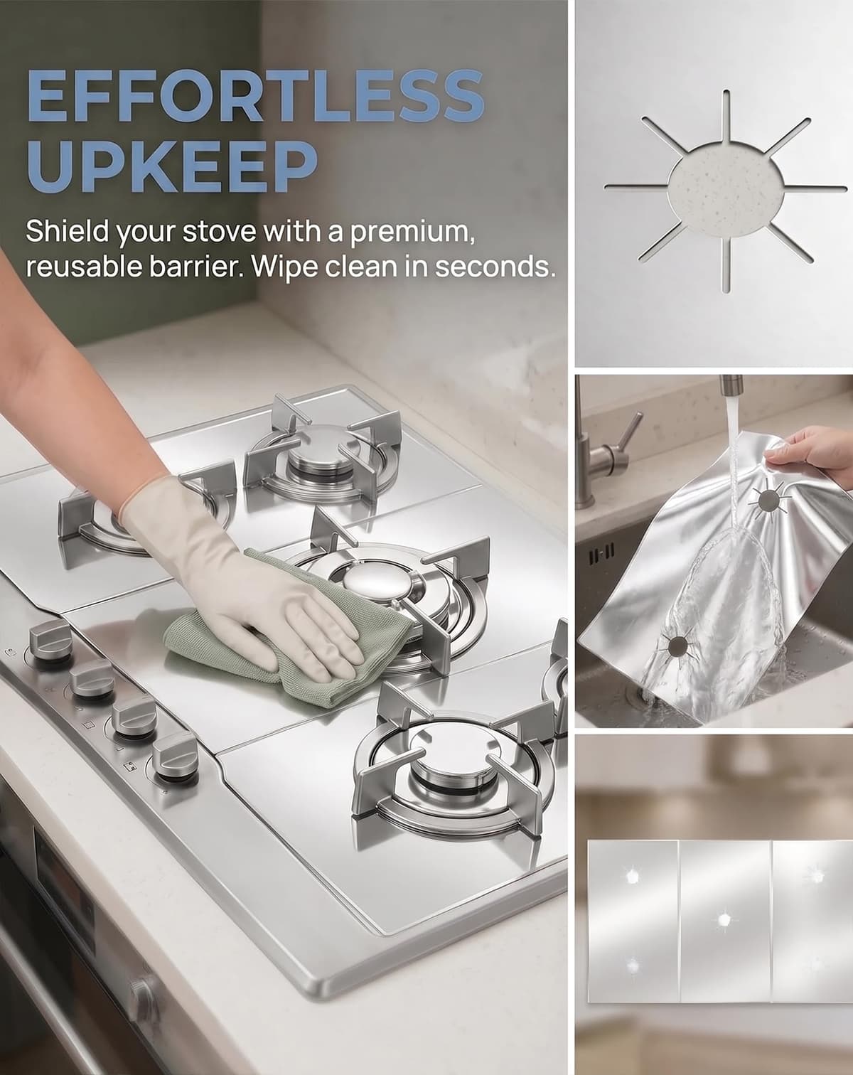 JTENGYAO Gas Hob Covers, 3PCS 54x27cm Reusable Stove Burner Covers, Gas Hob Range Protectors, Fiberglass Gas Stove Mats, Non-Stick Hob Protectors for Gas Cooker, Silver — view 4