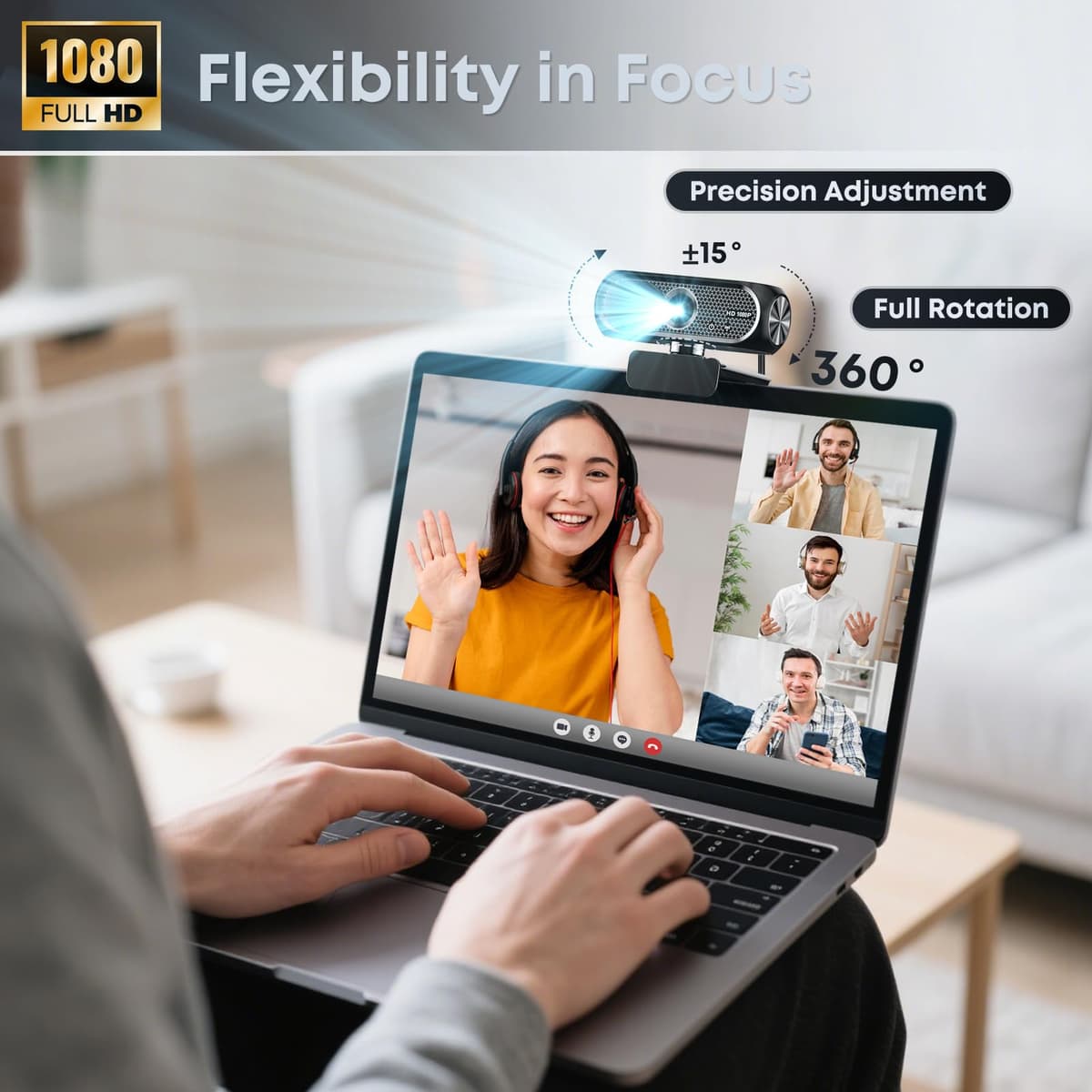 1080P HD Webcam with Microphone, Noise Cancellation, Privacy Cover, Wide-Angle Lens, Auto Light Correction, Plug & Play USB Web Camera for Laptop, Desktop, PC, Mac, Zoom, Skype, Streaming (Black) — view 4
