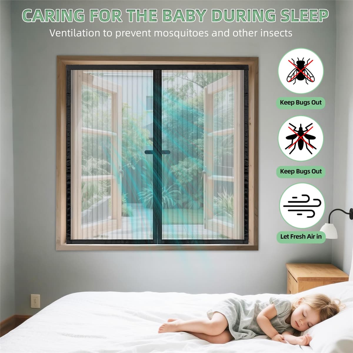 WENT Mosquitera magnética para ventanas, 90 x 120 cm, mosquitera magnética para puertas y ventanas, corredera, cierre automático, con cinta adhesiva, instalación rápida sin herramientas, color negro — view 2