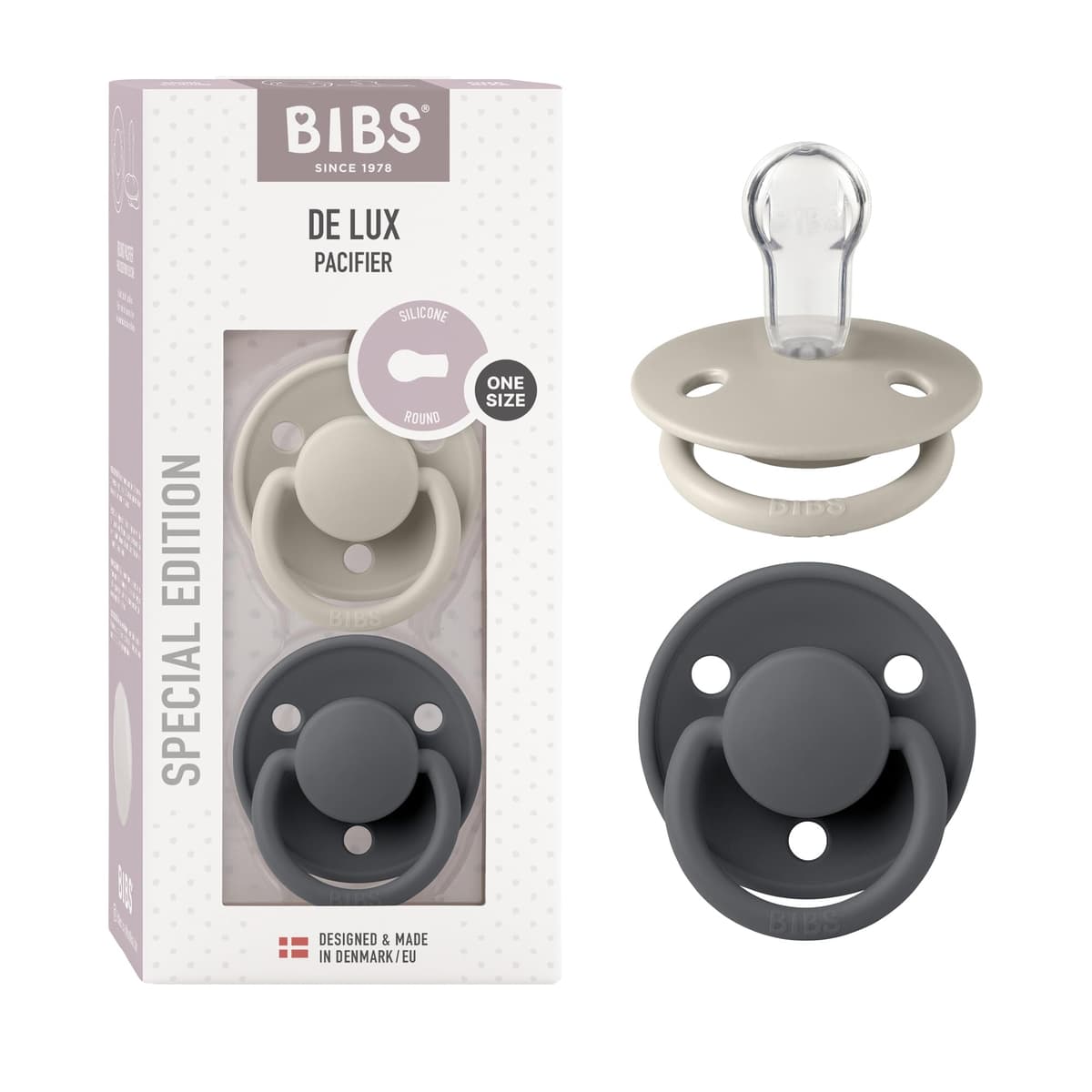 BIBS De Lux Soother 2-Pack, BPA Free Dummy Pacifier, Round Nipple. Silicone, Made in Denmark. 0-36 Months (Pack of 2), Sand/Iron