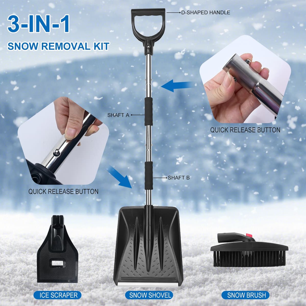 COVVY Kit de Pala de Nieve 3 en 1, Retráctil Con Raspador de Hielo y Cepillo Para Entrada de Coche, Incluye Bolsa de Almacenamiento y Guantes (Plateado) — view 2
