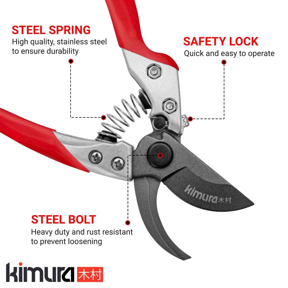 Kimura® 8" Pro Bypass Garden Secateurs, Heavy Duty Premium Japanese SK5 Steel Blades, Non-Slip PVC Coated Handles, Lightweight & Ergonomic, Japanese Bypass Pruning Shears — view 4