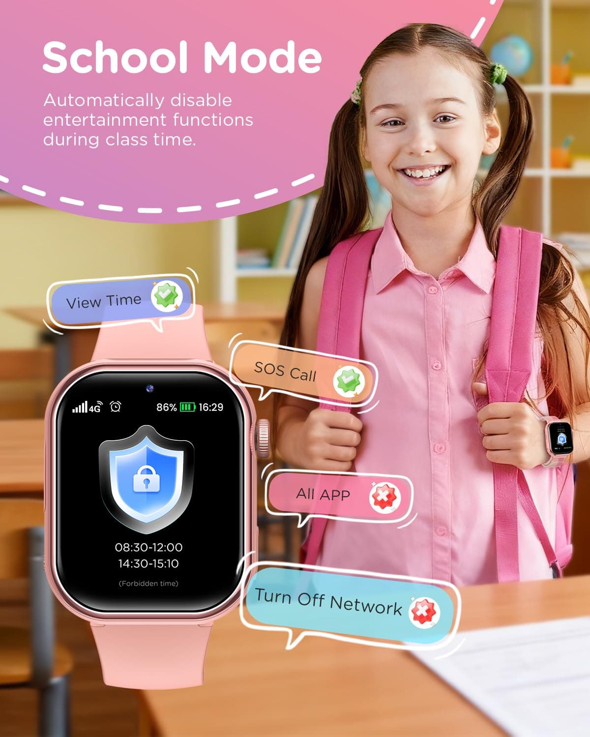4G Reloj Inteligente Niña, 1.83'' HD Smartwatch Niñas con GPS y Llamadas, Videollamadas, Chat de Voz, Modo Escuela, Doble Cámara, Monitor de Sueño, Podómetro, Despertador IP68 para Niñas Niños Rosa — view 5