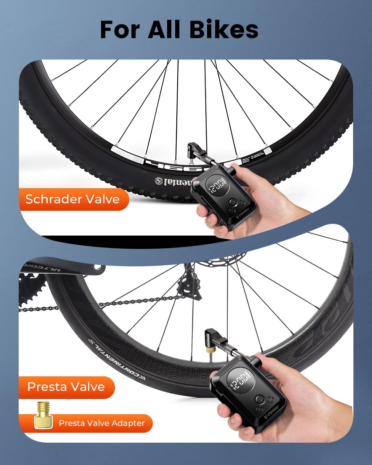 ETENWOLF Mini Electric Bike Pump, 10.34 BAR Portable Bicycle Air Pump with Presta and Schrader Valve for Mountain Bike,Road Bike,Motorcycle,Sport Ball, Fast Inflate & Auto Stop Bicycle Pump with Gauge — view 3