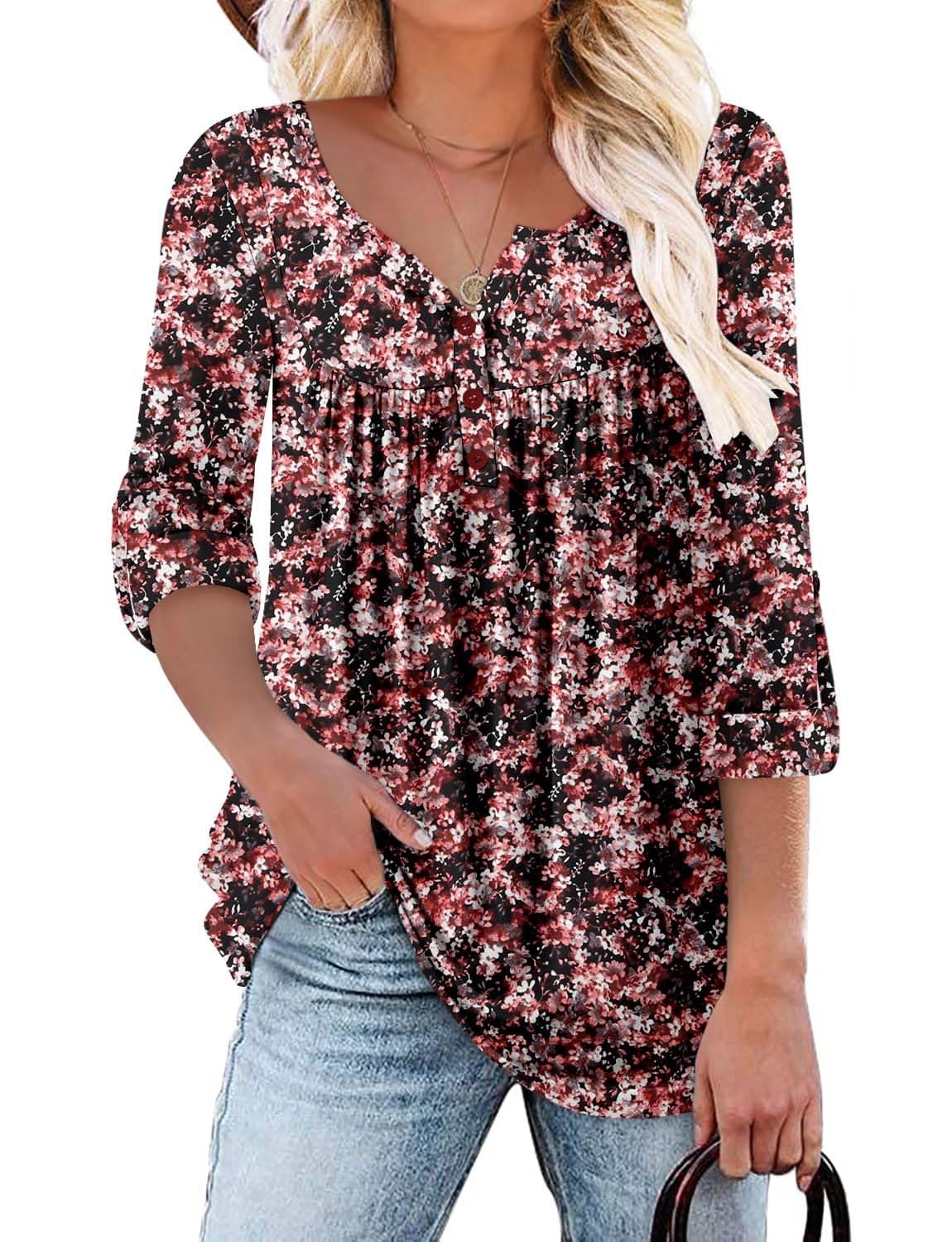 KISSMODA Ladies Pleated Tunic Tops for Women Buttons up Long Sleeve Shirts Floral Print — view 20