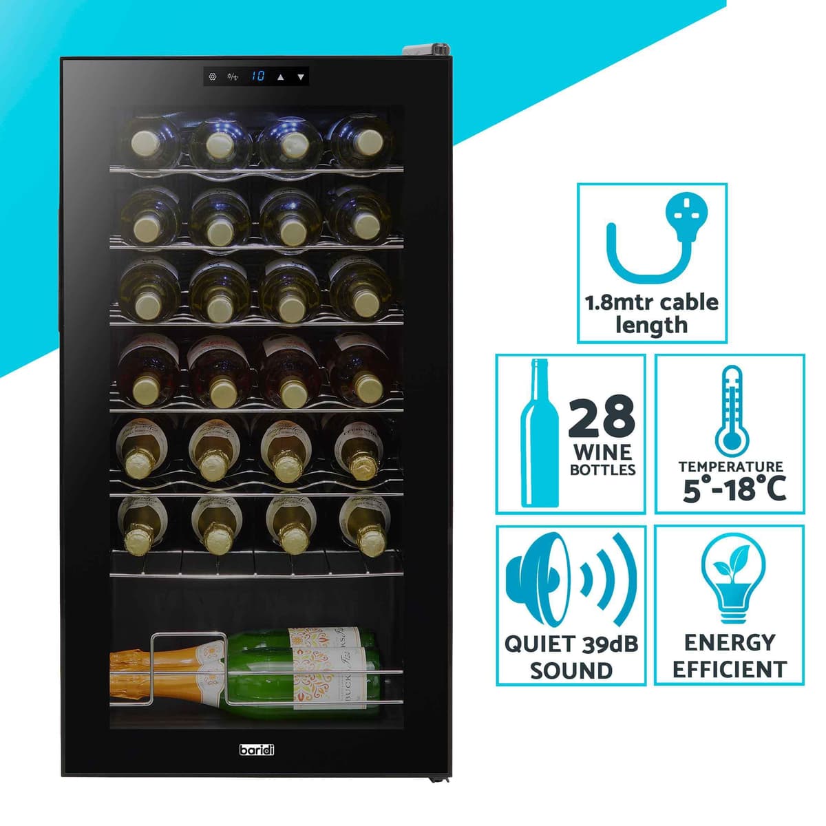 Dellonda Baridi 28 Bottle Wine Cooler Fridge with Digital Touch Screen Controls & LED Light, Black - DH10 — view 3