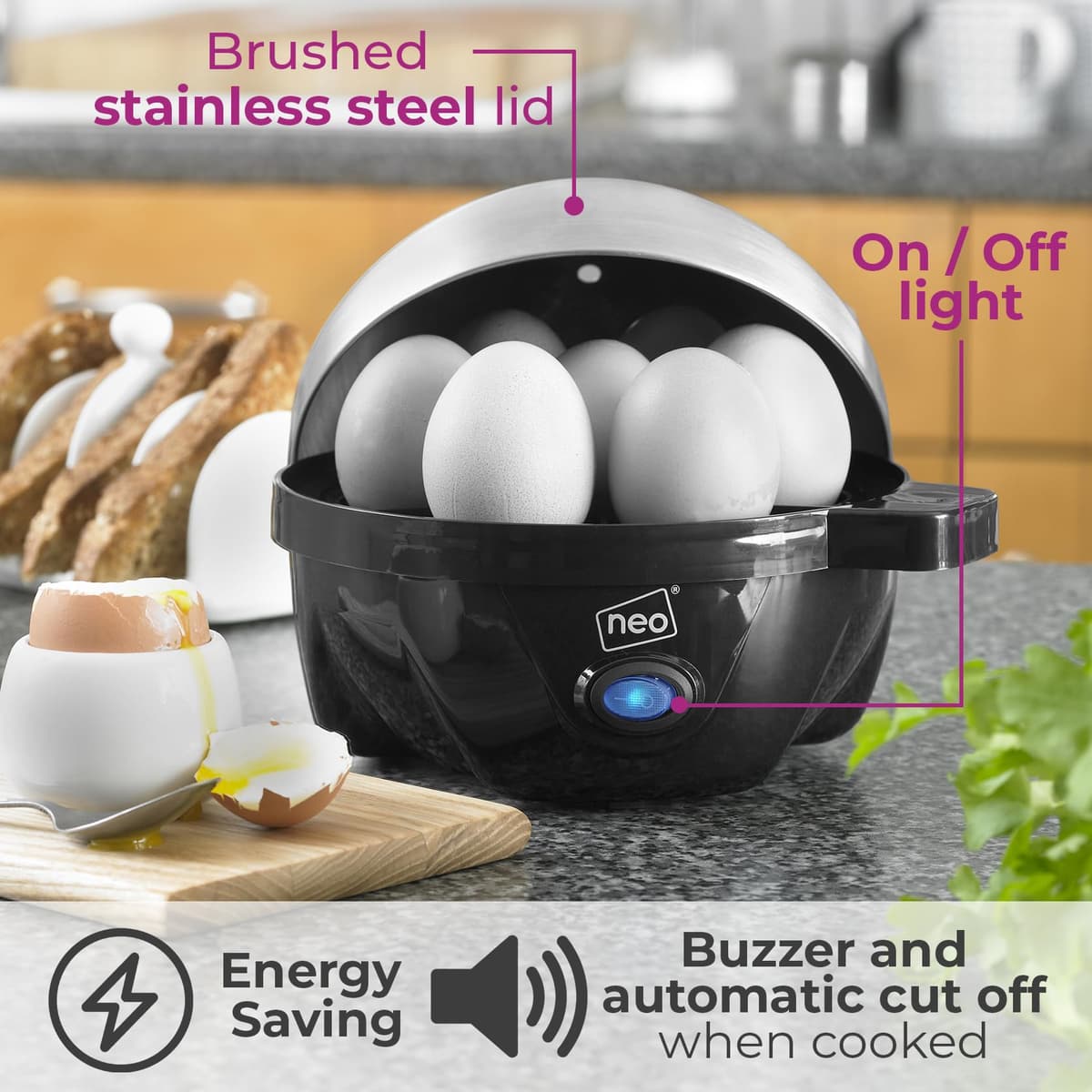 Neo 3 in 1 Durable Kitchen Electric Egg Cooker, Boiler, Poacher Poached Boiled & Omelette Maker Metal Machine Steamer with Timer (Black and Silver) — view 4