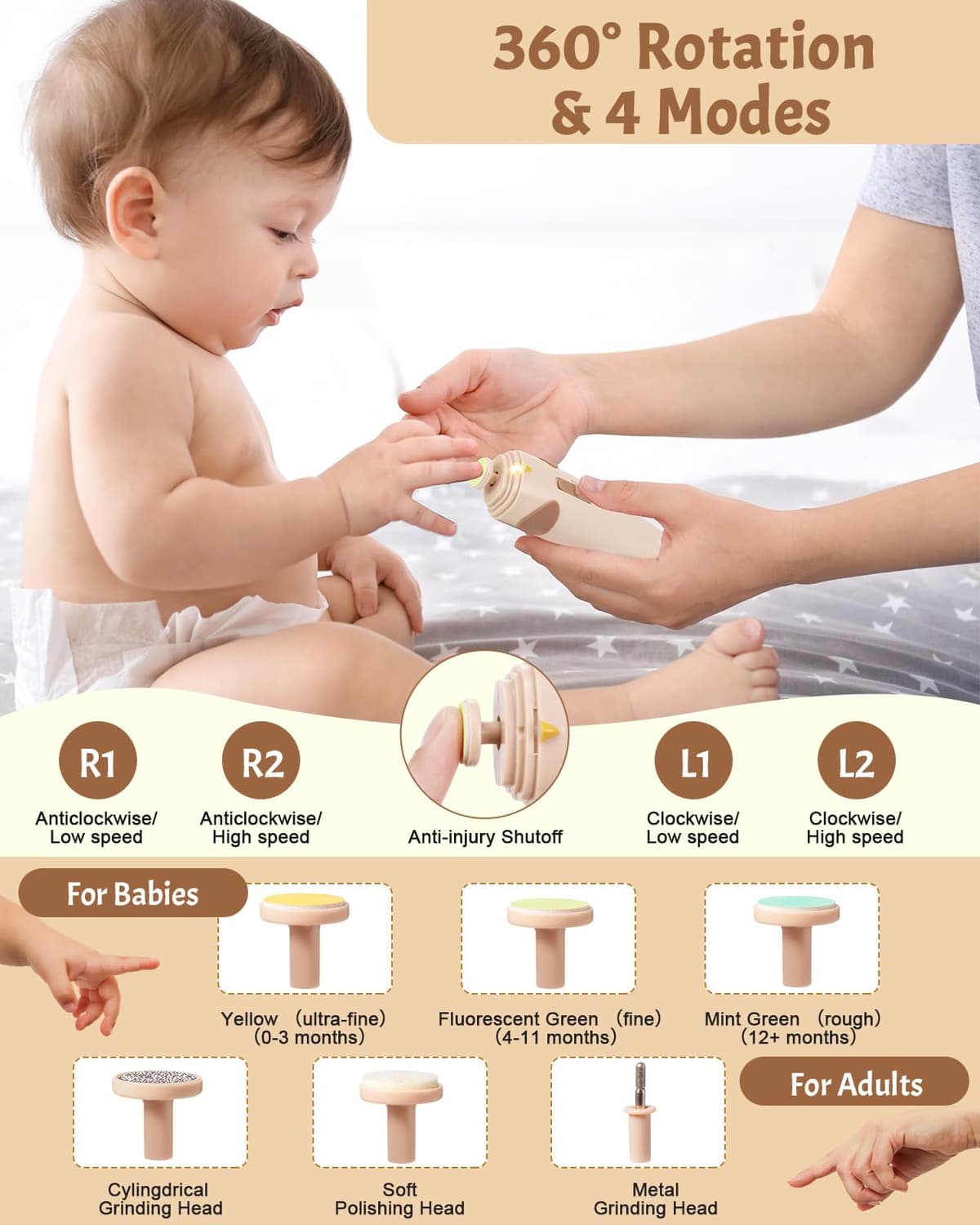 Lictin Set para Cuidado del Bebé-26 en 1 recargable cortaúñas eléctrico para bebé set, Lima de uñas para bebés con iluminación automática, Portátil Kit de Aseo para Bebés, ¡gran idea de regalo(Caqui) — view 7