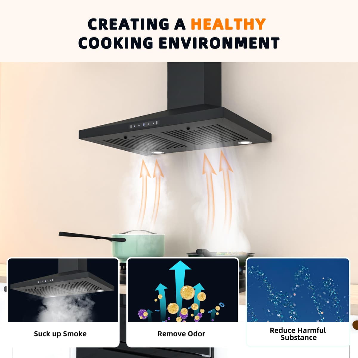 FIREGAS Black Range Hood 30 inch, 450 CFM Wall Mount Range Hood with Ducted/Ductless Convertible, Gesture Sensing Control & Touch Control Kitchen Hood Vent, Baffle Filters, Charcoal Filters — view 5