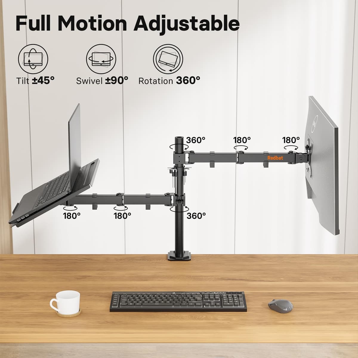 REDBAT Brazo para Monitor de 13 a 32 Pulgadas Pantalla LED LCD, con Bandeja para Portátil hasta 16 Pulgadas, Soporte con VESA de 75/100 mm, 2 Opciones de Montaje — view 4