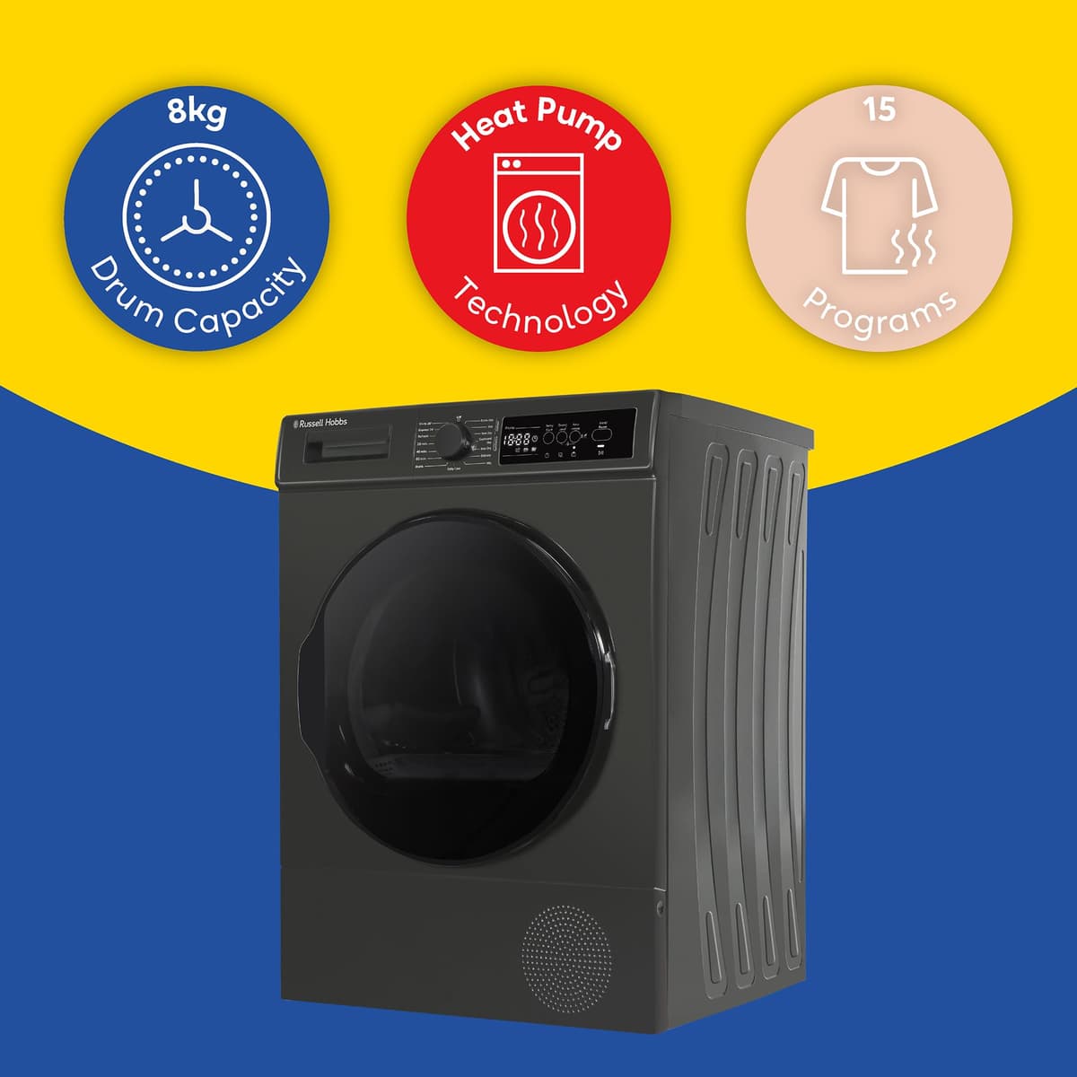 Russell Hobbs Freestanding Electric Heat Pump Condenser Tumble Dryer, 8kg Capacity, 15 Programmes, 3 Heat Settings, LED Display, Anti-Crease, Child Lock in Anthracite RH8HPTD1E12AN — view 10