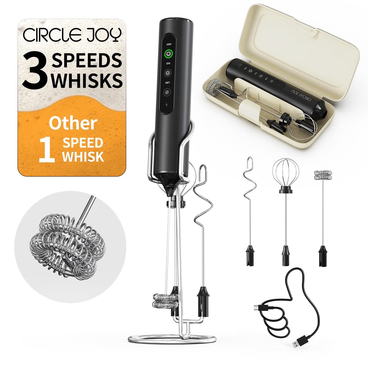CIRCLE JOY Electric Milk Frother Handheld, Rechargeable Coffee Frother with Dual Spring Whisk, Portable Hand Frother Wand Drink Mixer for Coffee, Hot Chocolate, Cappuccino, Frappe, Matcha, Black — view 17