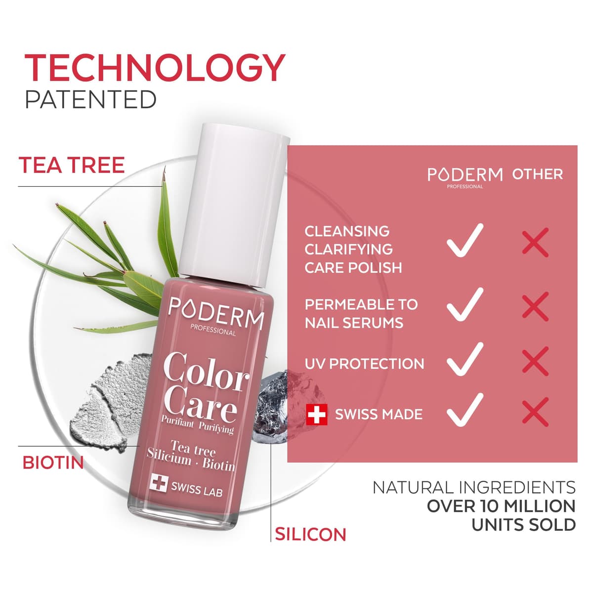 PODERM Nail Care Polish with Tea Tree - Rosewood | Swiss Lab - 8ML | Enriched with Tea Tree, Silicon & Biotin | Purifies, Clarifies & Nourishes Yellow Nails | Created by a Podiatrist — view 3