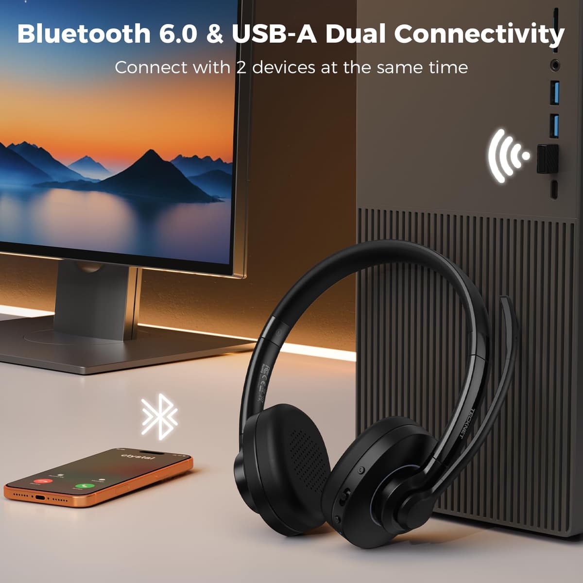 TECKNET Bluetooth Headset Wireless Headset with Microphone Active Noise Canceling,Bluetooth 6.0/USB-A On-Ear Headphones,50H Playtime & Mute,Wireless Headphones with Mic for Trucker Cellphone Office — view 3