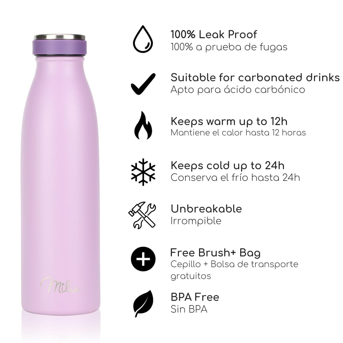Milu Botella de acero inoxidable de 350ml 500ml 750 ml 1 L 1,5 L botella de agua aislada, termo a prueba de fugas, doble pared, apta para ácido carbónico + cepillo de limpieza (Azul Violeta, 350ml) — view 180
