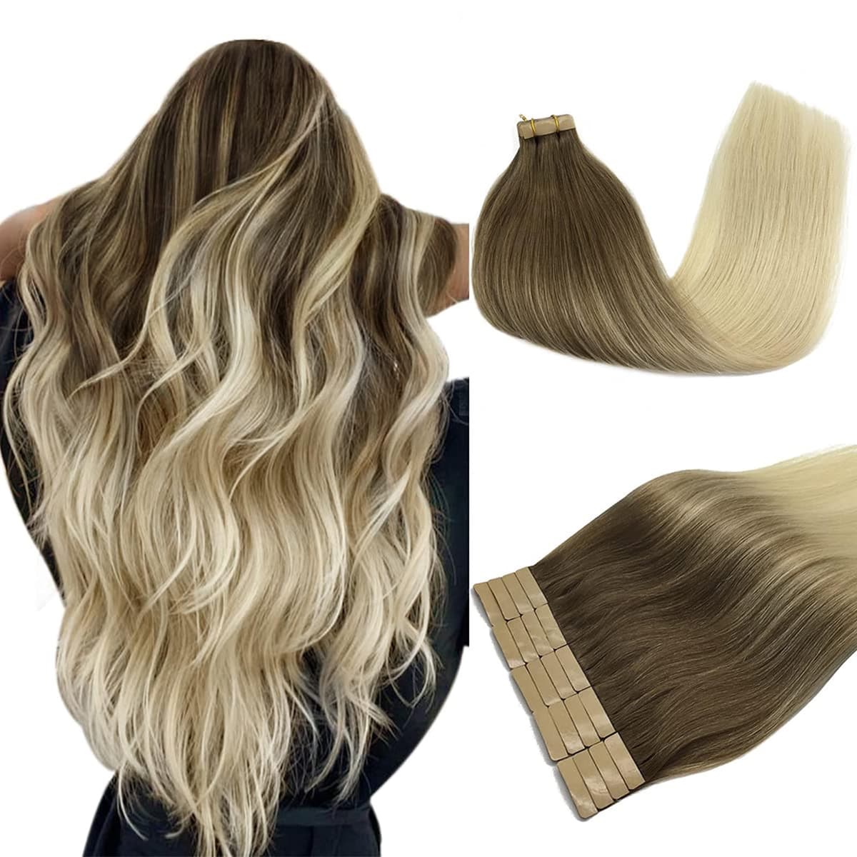 DOORES Tape in Hair Extensions Human Hair, Balayage Dark Brown to Chestnut Brown 50g 20pcs 18 Inch, Human Hair Extensions Natural Remy Straight Skin Weft — view 22