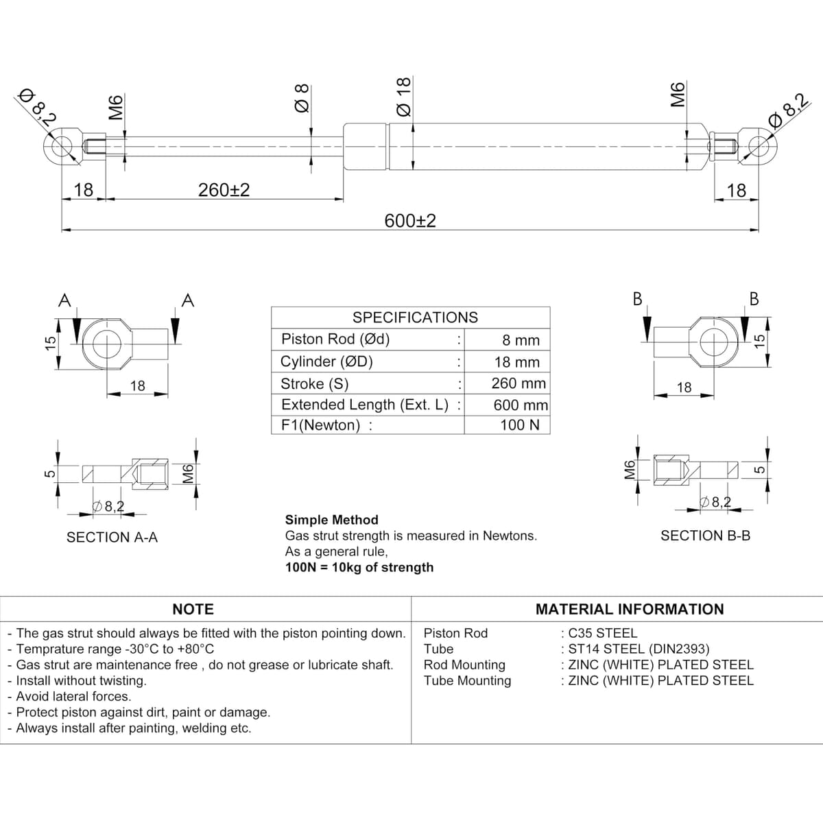 Universal Gas Struts Spring Eyelet | 100-1000 Newton | Length Options 200 mm to 900 mm | Heavy-Duty | Lift Support System (600MM, 100 N) — view 2
