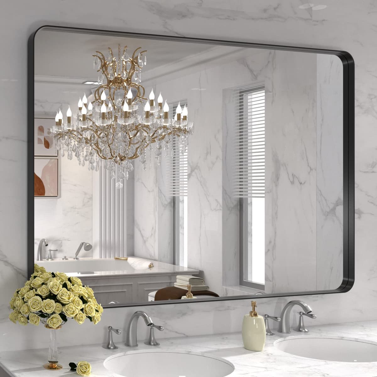 LOAAO 48”X36” Gold Bathroom Mirror, Rounded Rectangle Gold Frame Mirror, Brushed Gold Bathroom Vanity Mirror Wall-Mounted, Anti-Rust, Tempered Glass, Hangs Horizontally or Vertically — view 36
