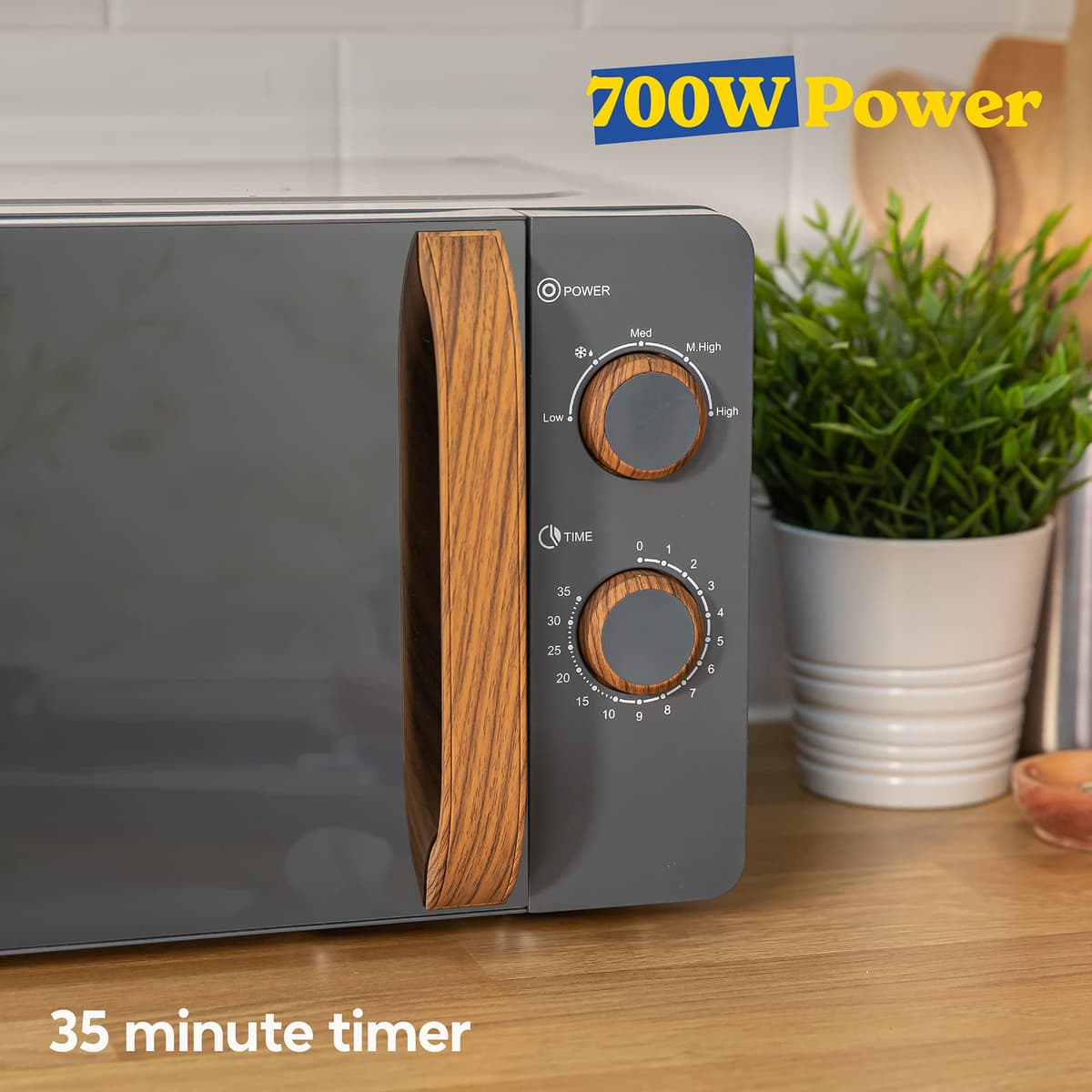 Russell Hobbs RHMM713G 17 L 700 W Scandi Compact Grey Manual Microwave with 5 Power Levels, Wood Effect Handle & Dials, Timer, Defrost Setting, Easy Clean — view 5