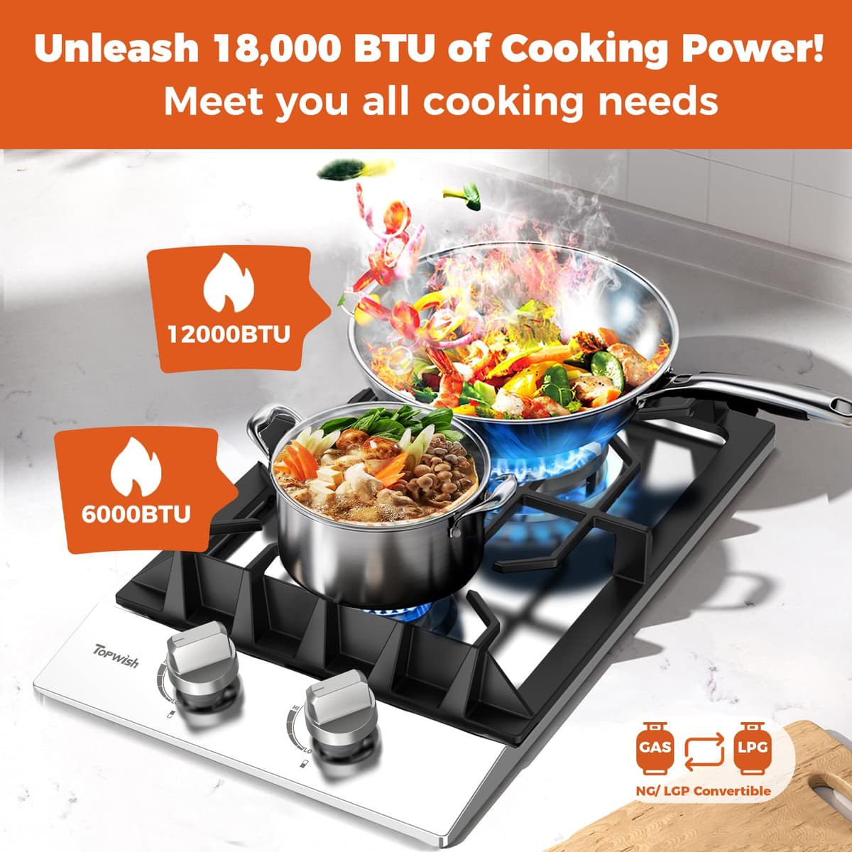 TOPWISH 12 Inch Gas Cooktop, 2 Burner Gas Stove Built-in Propane Stove Top with LPG/NG Convertible Dual Fuel Hob 18000BTU, Stainless Steel Stovetop Thermocouple Protect for Kitchen, Apartments, Rvs — view 2