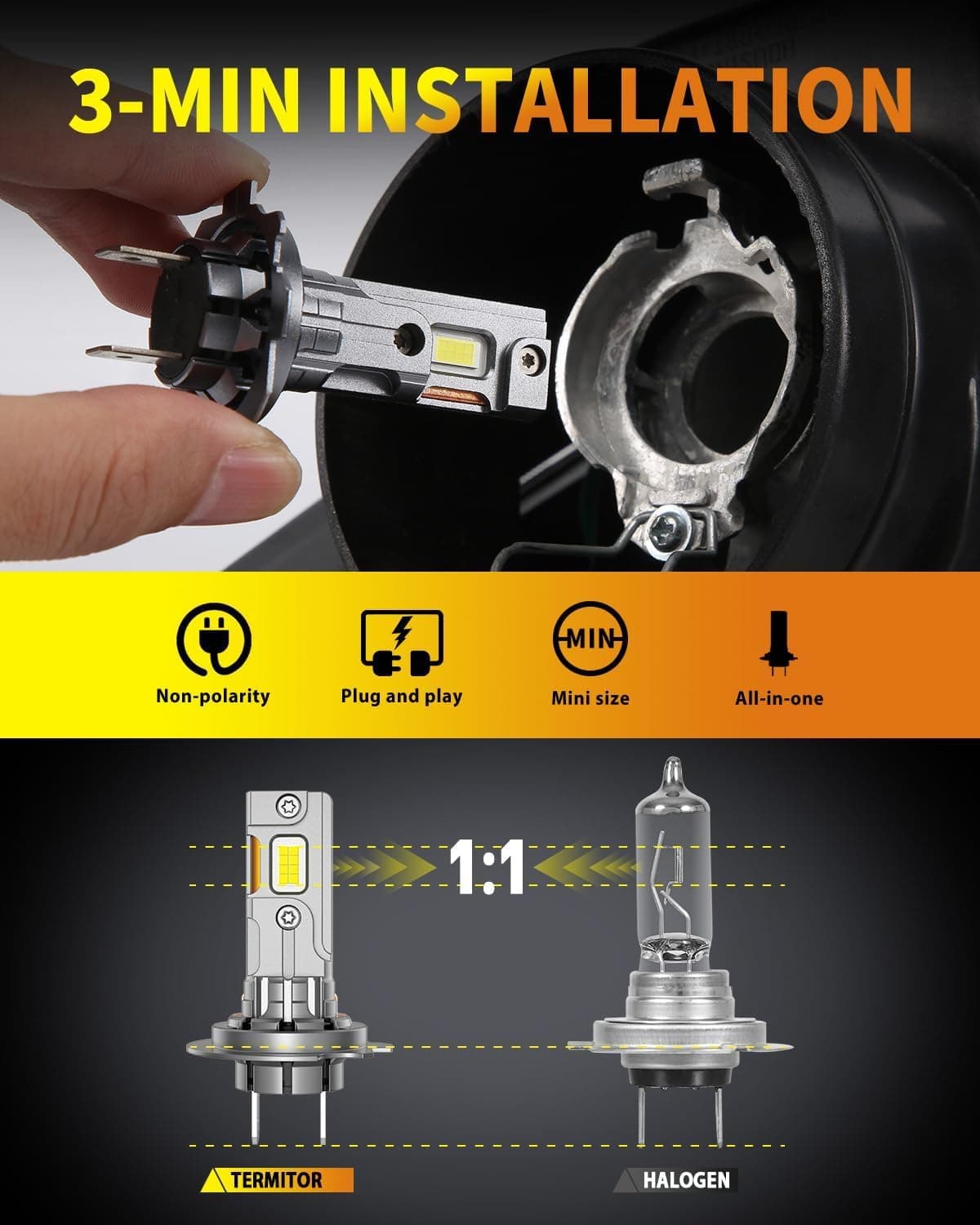 Termitor Latest H7/H7LL Bulbs, 50,000LM 900% Brightness, 6500K White Super Bright, 1:1 Halogen Size, 6500 Cool White H7 Fog Lights, No Adapter Required, Easy Install, Non-Polarity, Pack of 2 — view 3