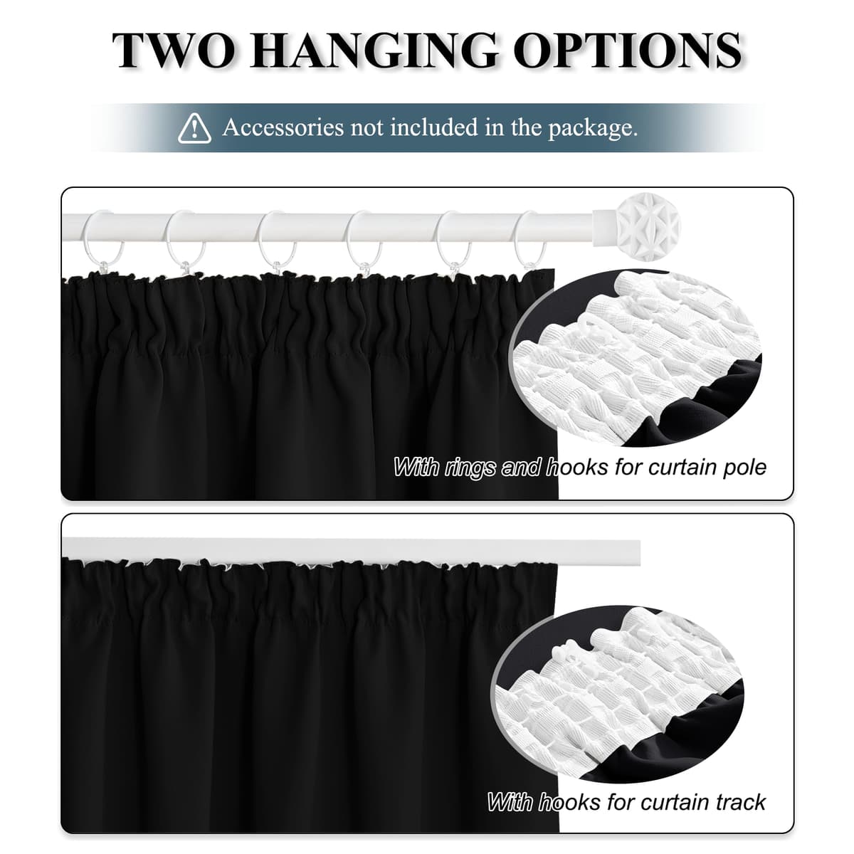 PONY DANCE Black Blackout Curtains for Bedroom 46x54 Inch Pencil Pleat Thermal Insulated Curtains with Hooks for Track Small Black out Curtains & Drapes, 2 Panels, W46 X L54, Black — view 3
