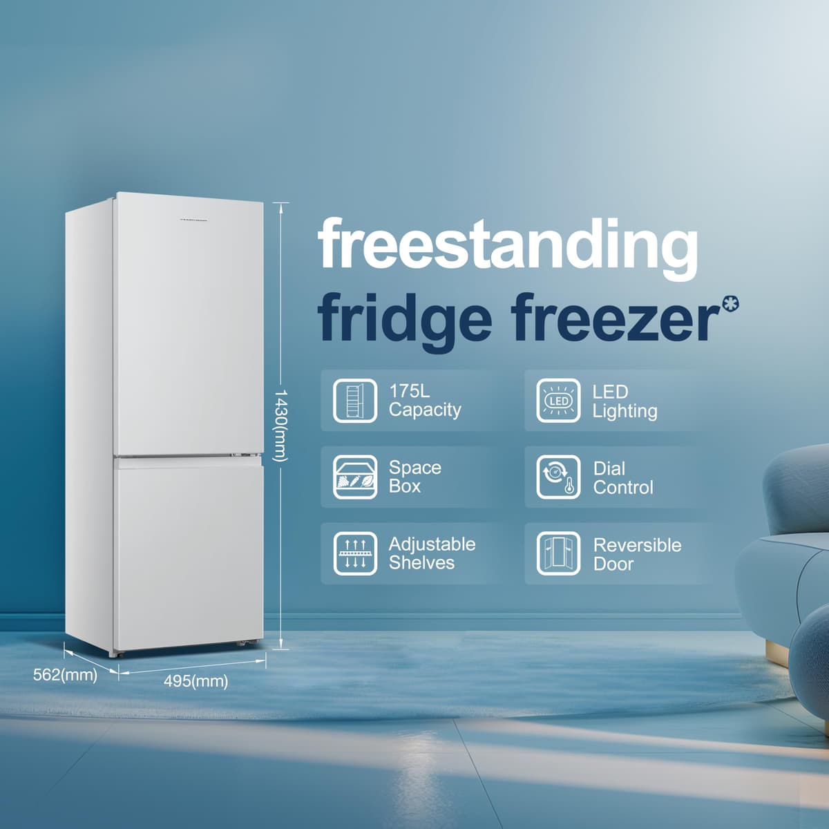 Fridgemaster MC50175A 50cm Freestanding 60/40 Fridge Freezer - 175-litre capacity with Crisper box - Reversible Door - 4 Star Freezer Rating - LED Lighting -Mechanical Control- White - Energy Class E — view 2