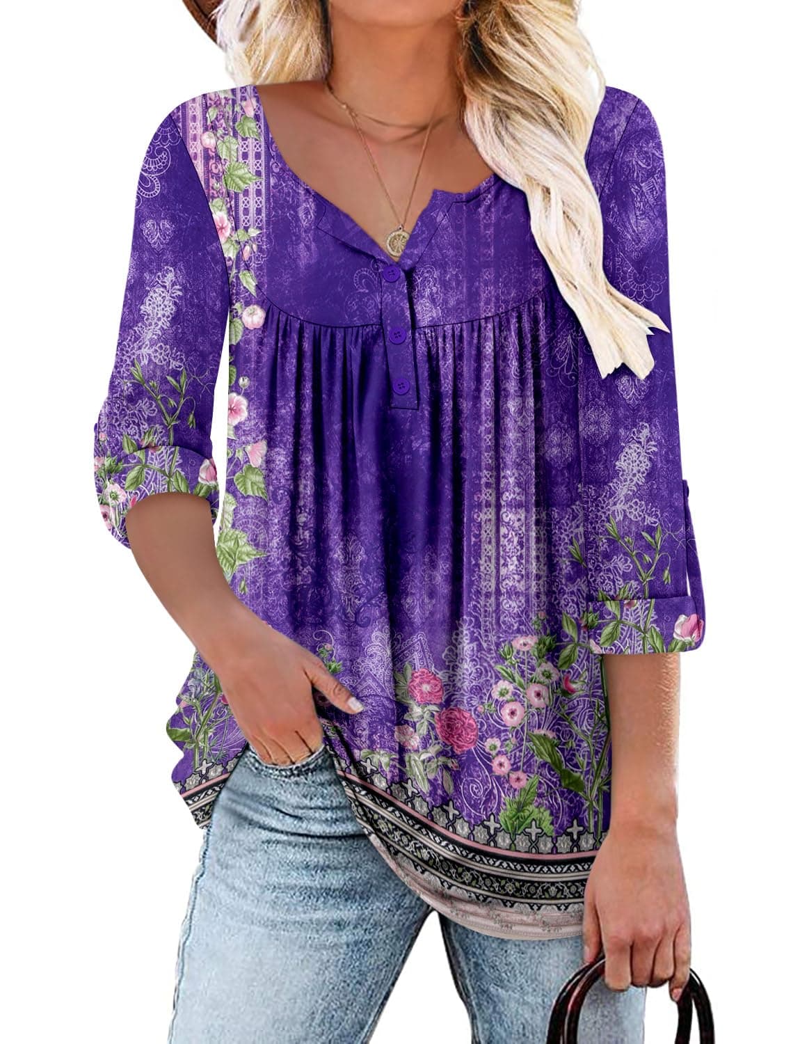 KISSMODA Ladies Pleated Tunic Tops for Women Buttons up Long Sleeve Shirts Floral Print — view 12