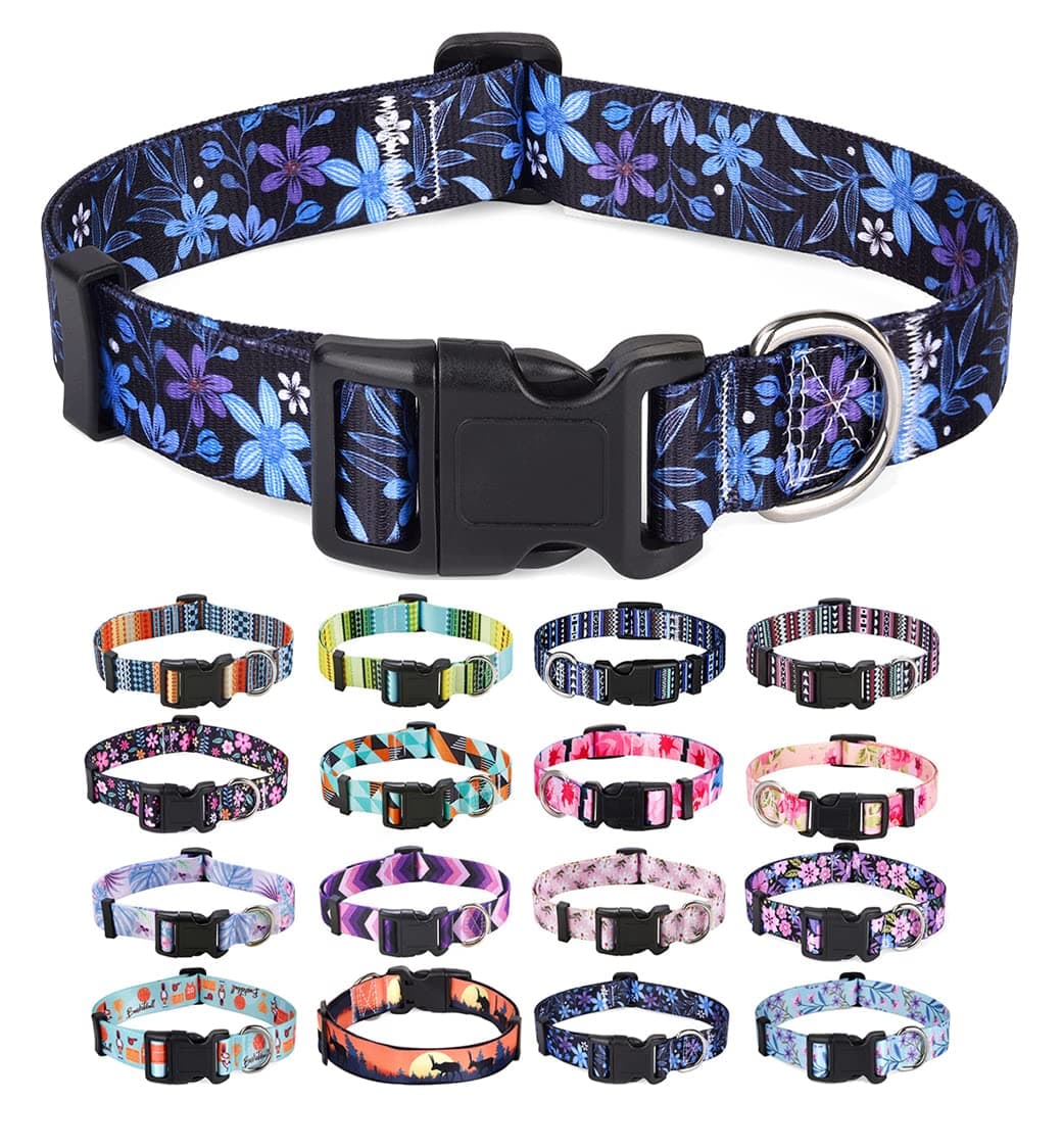 Mihqy Dog Collar for Small Dogs, Cute Small Medium Large Dog Pet Collar, with Floral Patterns, Soft Adjustable for Boy Girl Female Male Puppy Dog Collar(Floral Blue,S)