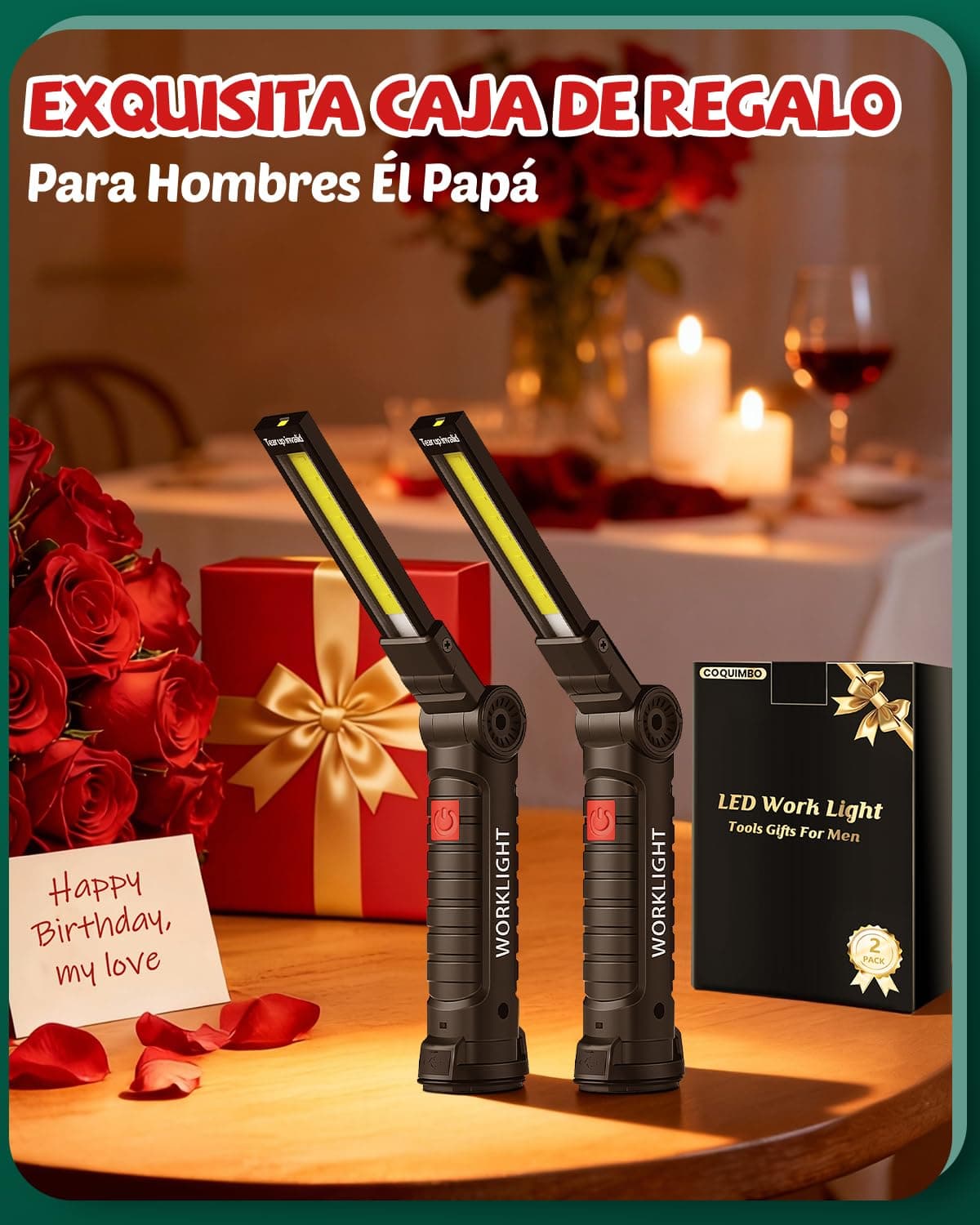 Coquimbo Regalo Hombre Linterna Taller LED Recargable, Linterna Portátil de Trabajo Lámpara de Inspección con Magnética Base y Gancho para Taller Cámping Emergencia(2 Piezas, Negro) — view 3