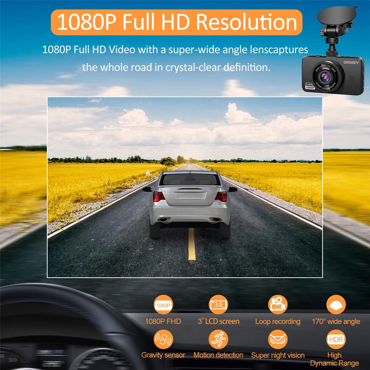 ORSKEY Dash Cam for Cars Front and Rear and SD Card Included 1080P Full HD In Car Camera Dual Lens Dashcam for Cars 170 Wide Angle Sony Sensor with Loop Recording and G-sensor — view 2