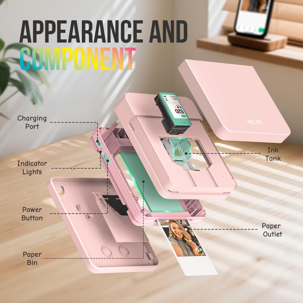 Nelko Photo Printer, PP01 Color Portable Mini Photo Printer, Instant Smartphone Inkjet Sticker Printer, Sticky-Back Photos, for iOS & Android, Fun Editing Smart AI APP, Pink — view 3
