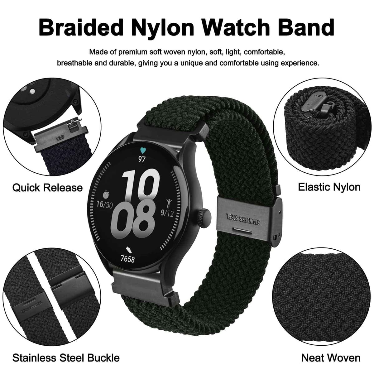WOCCI Tejido Correas Reloj de Nailon para Hombre y Mujer, Hebilla Ajustable, Liberación Rápida, Trenzado Bandas Deportivas de Repuesto 18mm 19mm 20mm 21mm 22mm — view 3