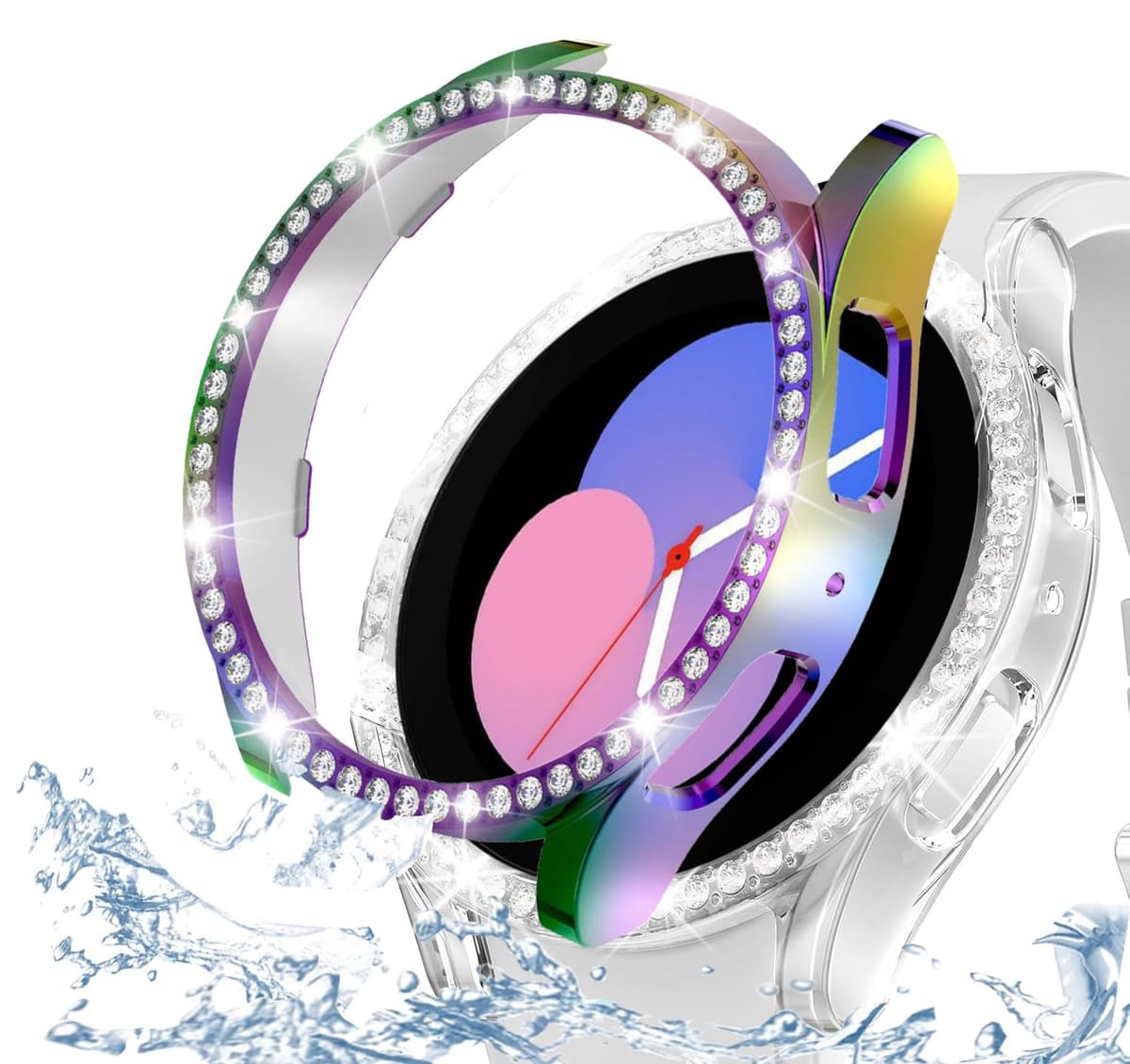 DEALELE [2-PACK] Case Compatible with Samsung Galaxy Watch FE / 5/4 40mm, Bling Double-row Diamond PC Protective Case Protector Cover, 40mm, Rose gold + Transparent — view 29