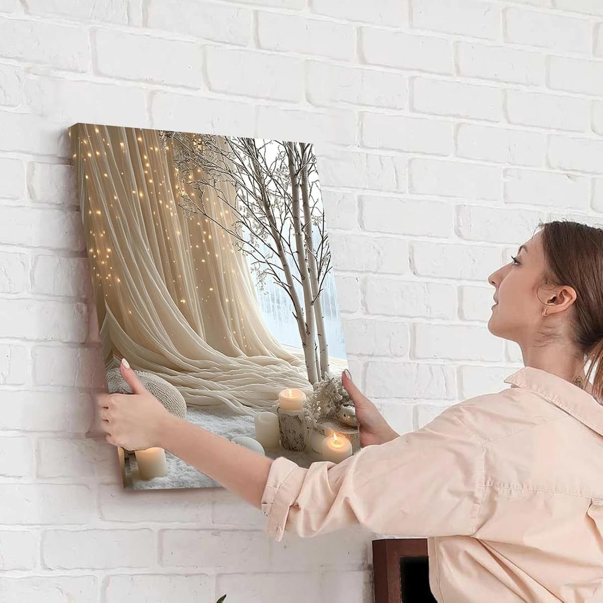 Canvas Wall Art Framed – Cozy Neutral Candle Lights Artwork, Soft Winter Hygge Style Wall Decor for Bedroom, Living Room, Hallway or Entryway Home Decoration, with Hooks and Nails, 12x16 Inch 02 — view 3