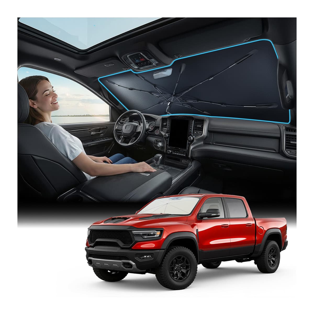 [Upgraded] Nmoiss Windshield Sun Shade Umbrella - [Vinyl Coating Heat Shield] Protect Car from Sun Rays & Heat Damage Keep Cool and Protect Interior, Spring Structure Edge Medium 56" L x 31" W — view 15