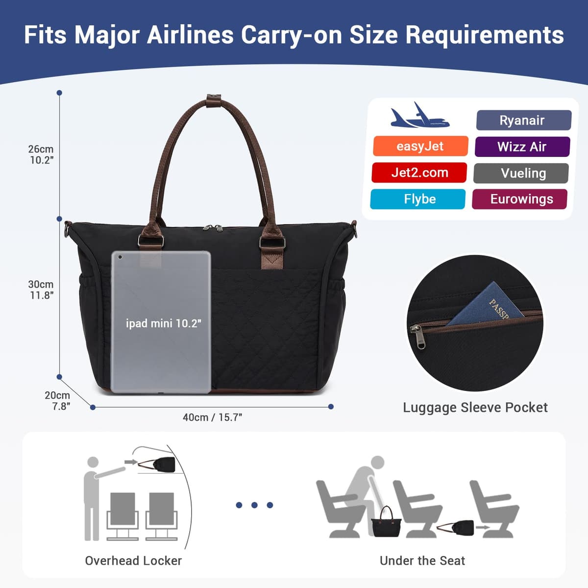 Miss Lulu para Ryanair Bolsa de Cabina 40x30x20 Puffer, Bolsa de Viaje Bajo Asiento, Duffel de 24L, Equipaje de Mano, Bolsa de Fin de Semana para Mujeres y Hombres — view 2