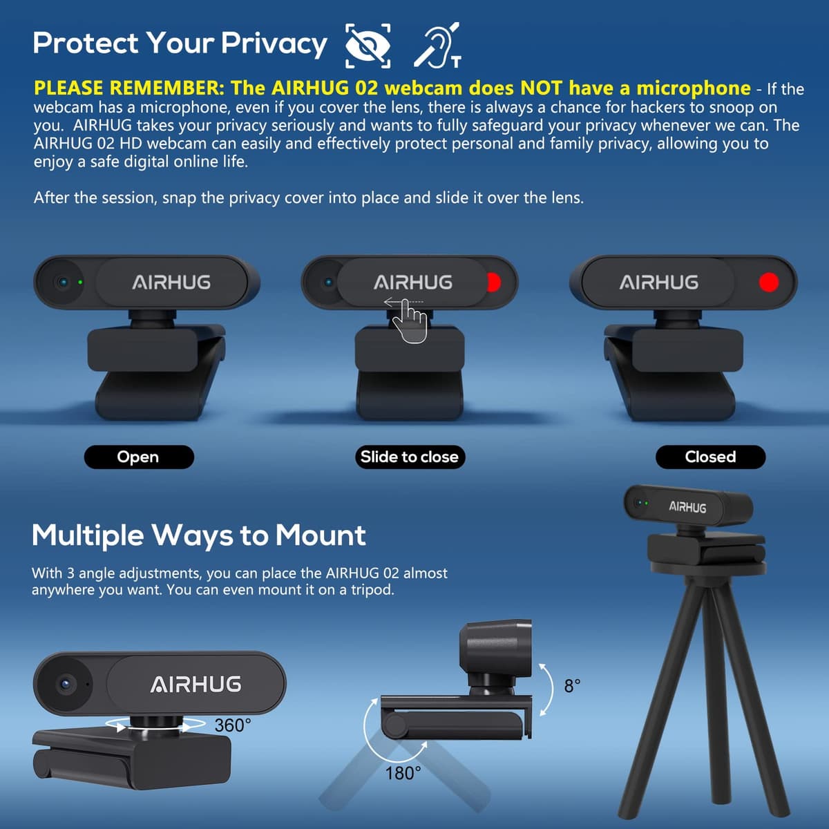 AIRHUG Cámara web 2K sin micrófono con cubierta de privacidad, cámara web USB para computadora y computadora portátil Plug & Play, cámara web sin audio, gran angular de 78°, para transmisión y confere — view 2