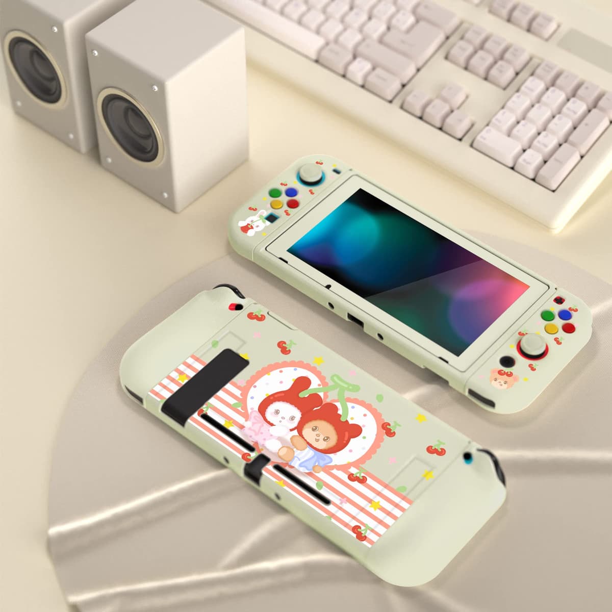 playvital ZealProtect Soft Protective Case for Nintendo Switch, Flexible Cover Protector for Switch with Screen Protector & Thumb Grip Caps & ABXY Direction Button Caps - Cherry Bunny & Cherry Bear — view 3