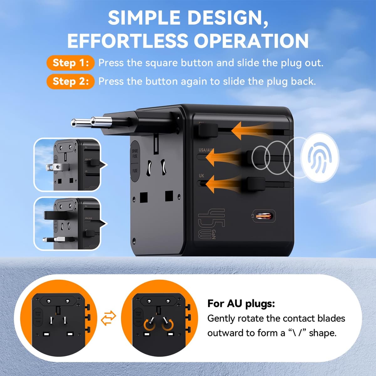 Auxmir Adaptador Enchufe Universal, Adaptador Internacional con 3 USB-C y 2 USB-A (PD 45W), Adaptador Universal para Europa, Reino Unido, Estados Unidos, Canadá, Australia (212 países), Negro — view 3