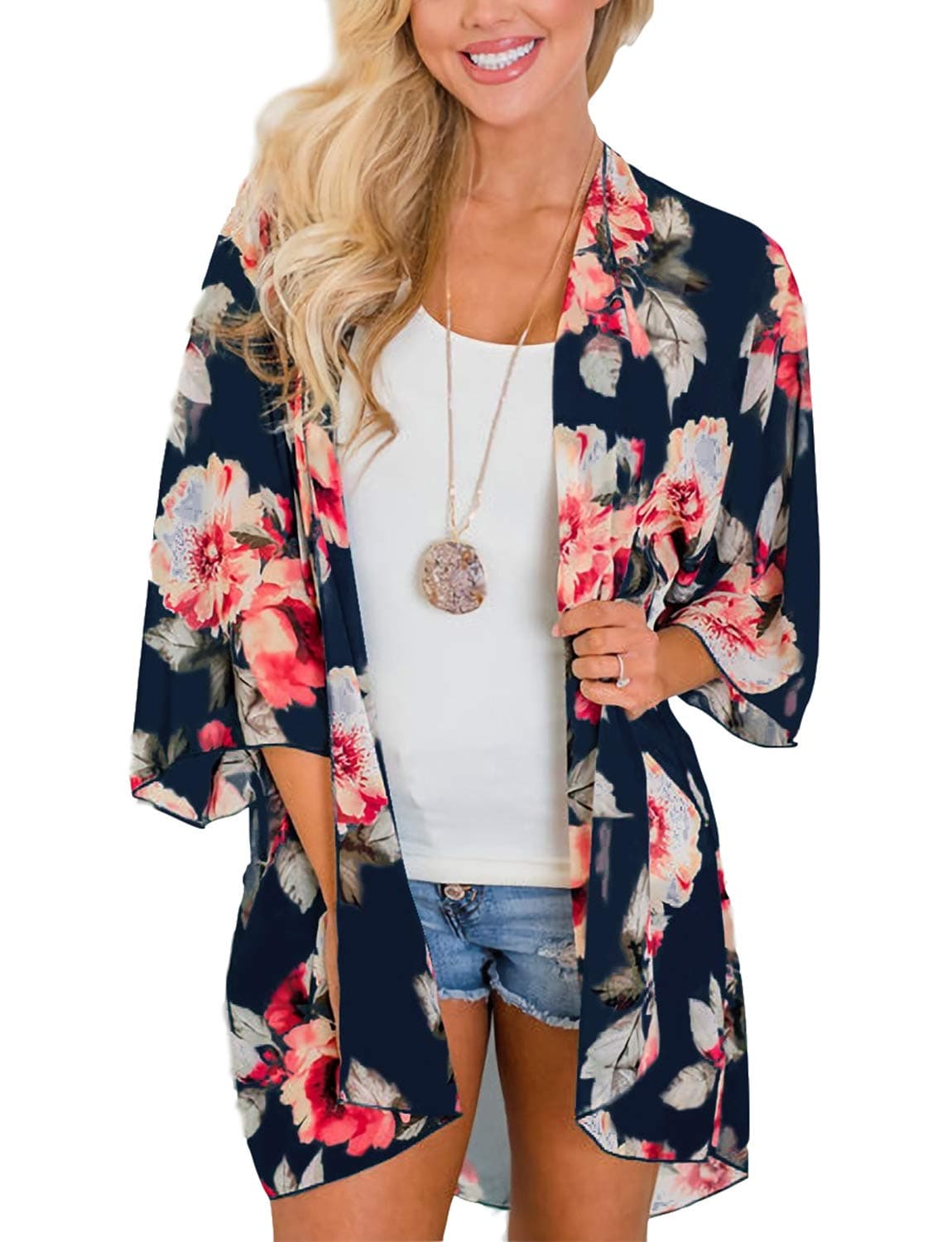 MayBuy Women's Summer Long Flowy Kimono Cardigans Boho Chiffon Floral Beach Cover Up Tops — view 22