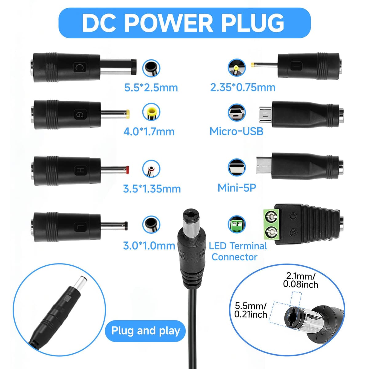 12V 2A Power Supply AC Adapter with 8 DC Plug Tips, Universal AC to DC Converter for LED Strip Lights, CCTV Camera, Router, TV Box and Other 12V Devices, 24W Max Output — view 3