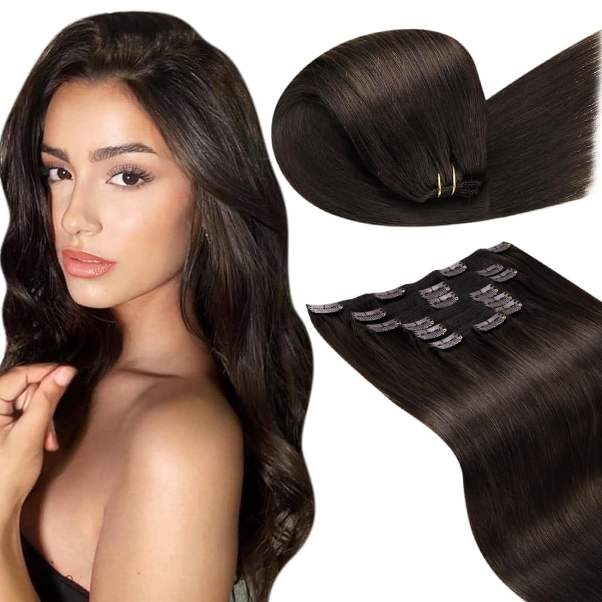 LaaVoo Hair Extensions Clip in Real Human Hair Brown Clip in Hair Extensions Dark Brown Remy Straight Hair Full Head Double Weft 80g 5pcs 14 Inch #4 — view 25