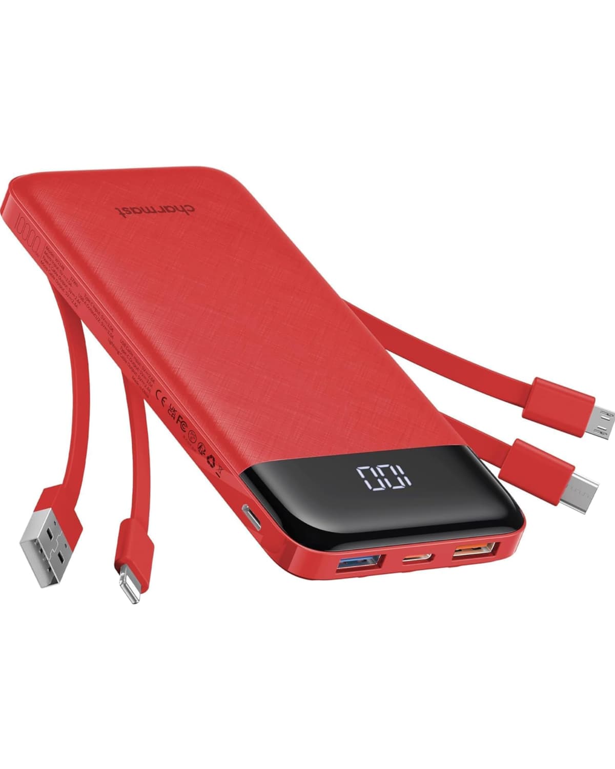Charmast Power Bank with Built in Cables X 4, 10000mAh USB C Battery pack 6 Outputs 3 Inputs with LED Display Type C Powerbank Portable Charger Compatible with Smartphones Tablets and More — view 9