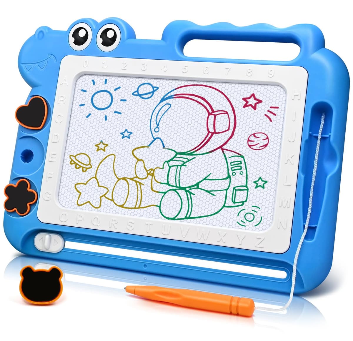 Dinosaurio Pizarra Magnética Infantil Juguetes 3 4 5 Años, Pizarra Magica Colorido Juegos Educativos Regalos para Niñas y Niños 3-5 Años, Viaje Juguetes con 4 áreas Color 3 Sellos 1 Bolígrafo, Azul