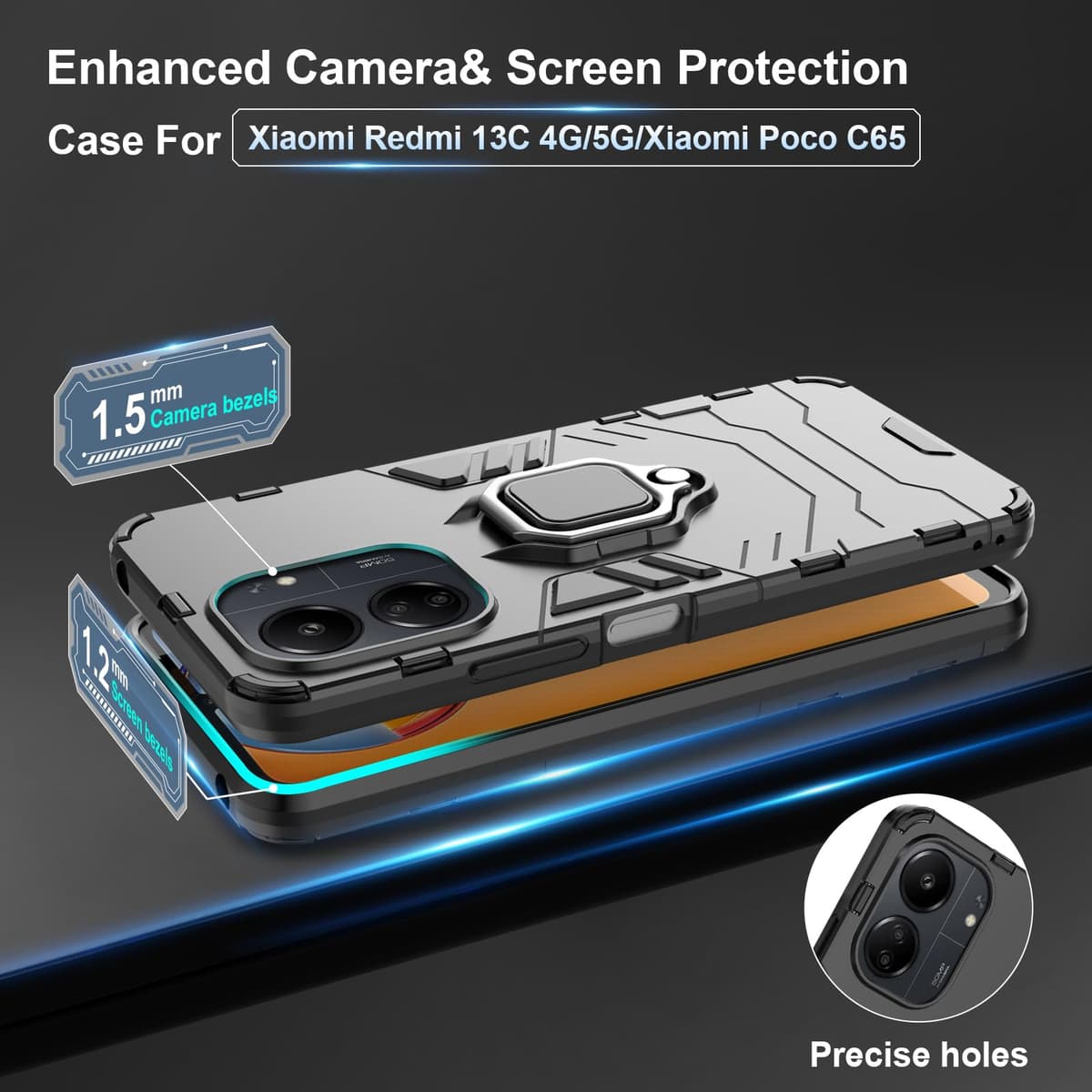 Funda para CMF Phone 2 Pro, Carcasa Antigolpes con Soporte anular metálico, Case Protectora de Grado Militar, Negro — view 561